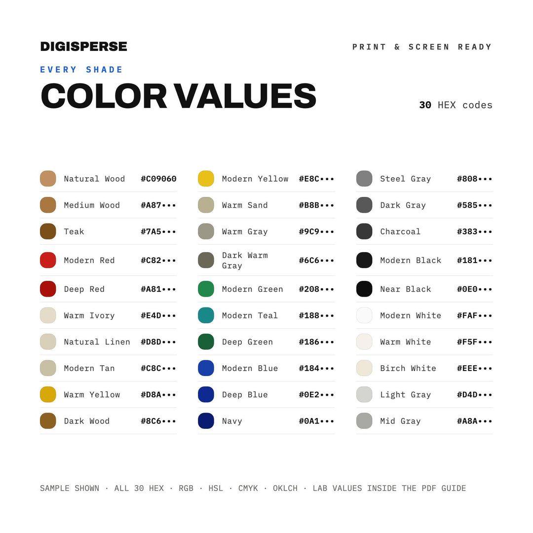 Clean Minimal Color Palette for Mid Century Design Art and Architecture Branding, 30 Modernist Hues, Procreate Swatches, Hex Codes