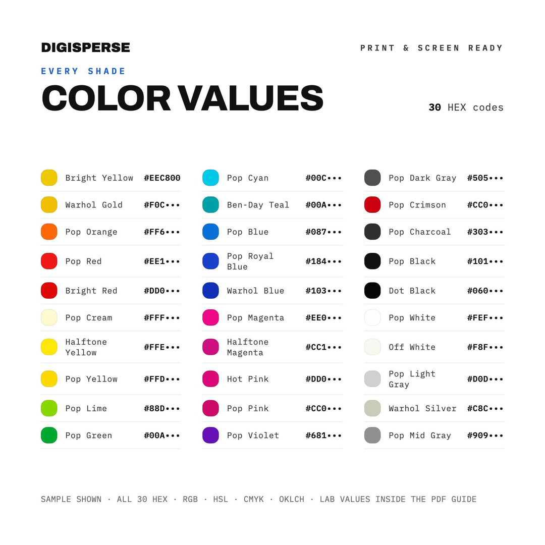 Pop Art Color Palette | 30 Colors | Hex RGB CMYK | Color Guide | Procreate Swatches + ASE | Digital Download