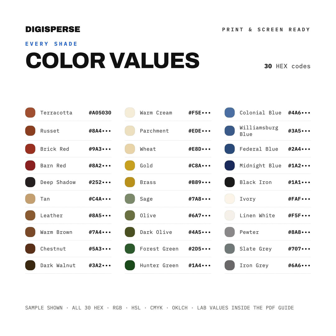 Colonial America Color Palette | 30 Hex RGB CMYK Swatches (Digital Download)