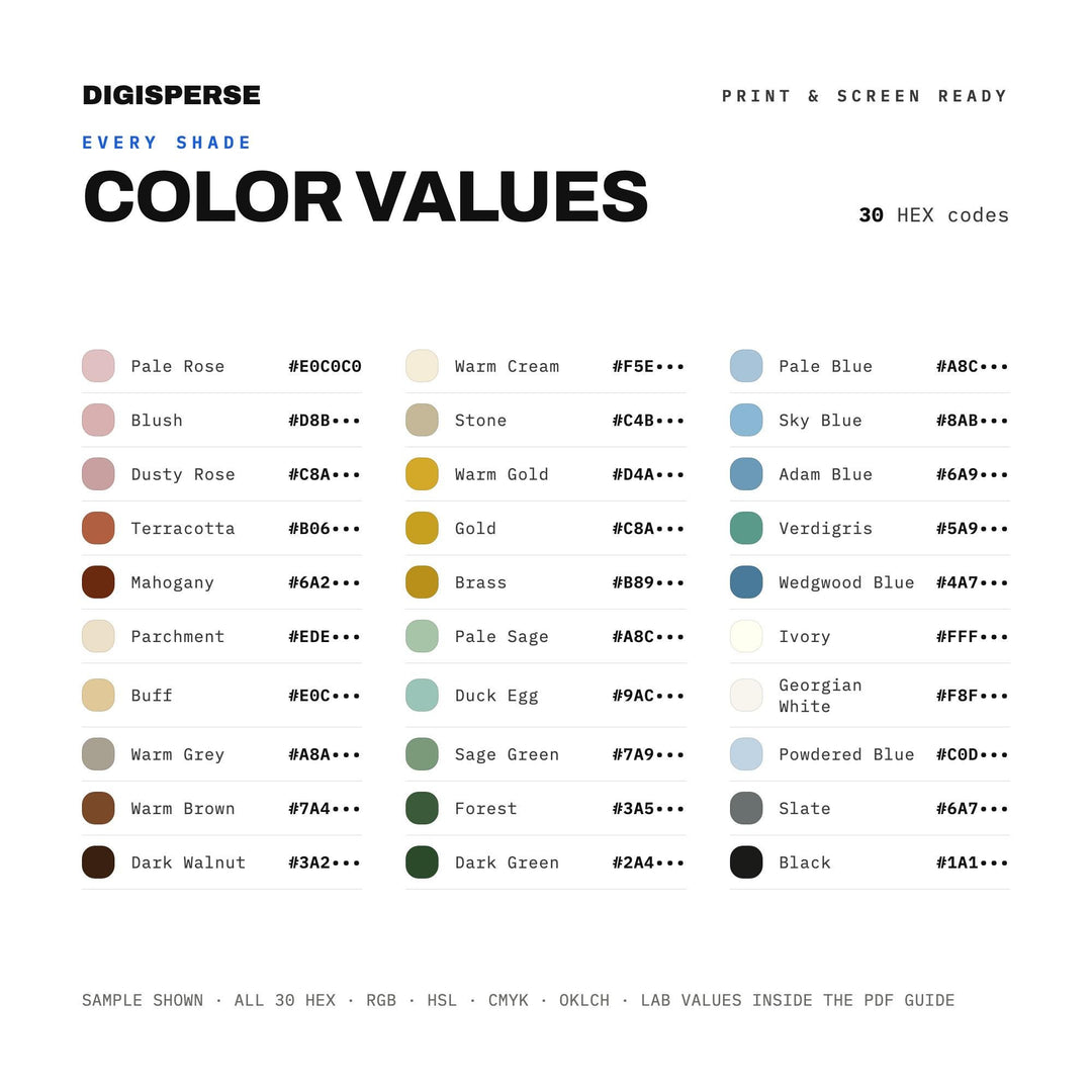 Georgian Era Color Palette | 30 Colors | Hex RGB CMYK | Color Guide | Procreate Swatches + ASE | Digital Download