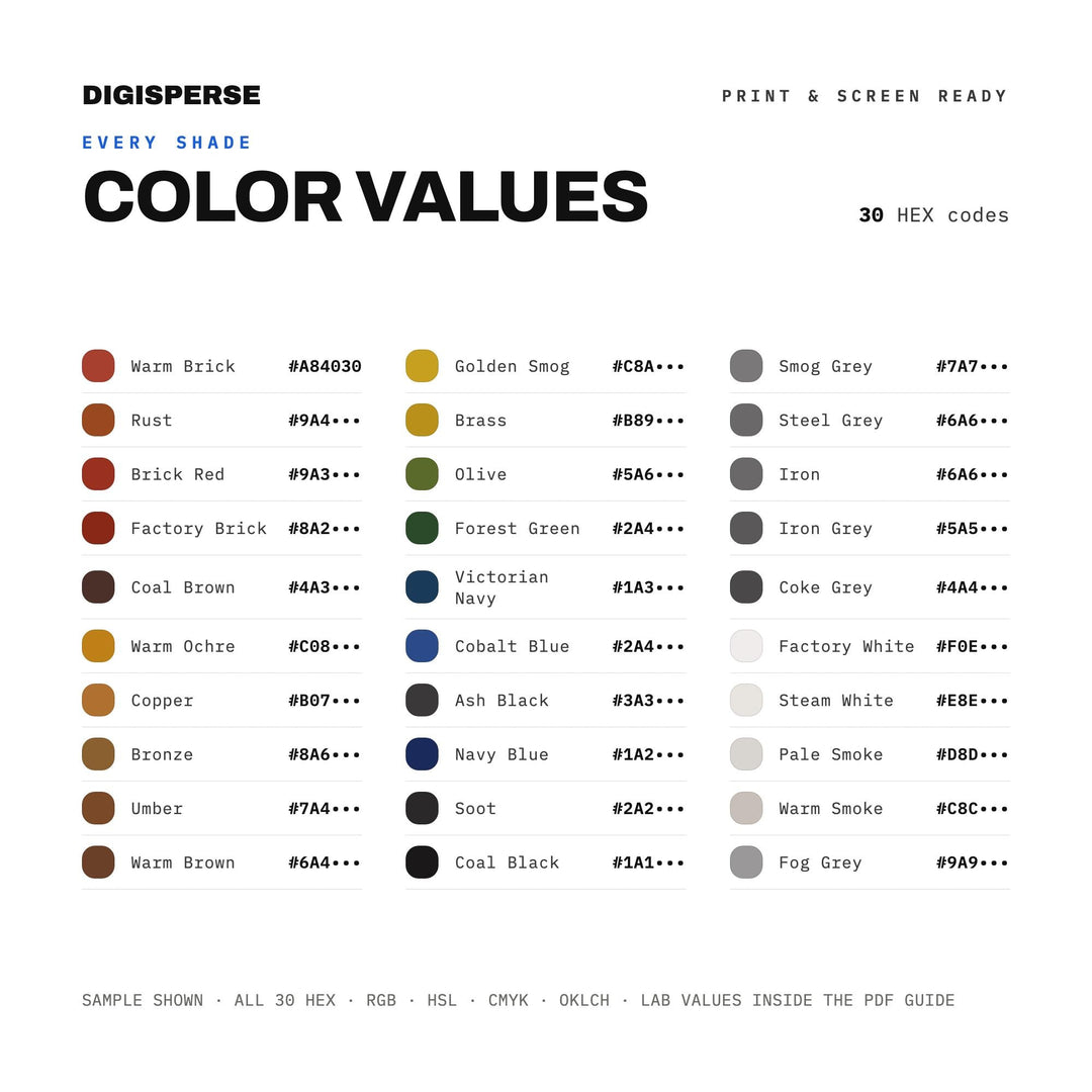 Industrial Revolution Color Palette | 30 Colors | Hex RGB CMYK | Color Guide | Procreate Swatches + ASE | Digital Download