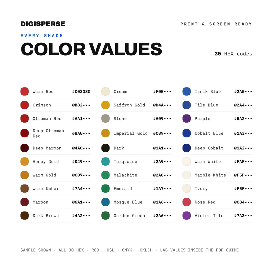 Ottoman Mosaic Color Palette | 30 Procreate Swatches, ASE Guide (Digital Download)