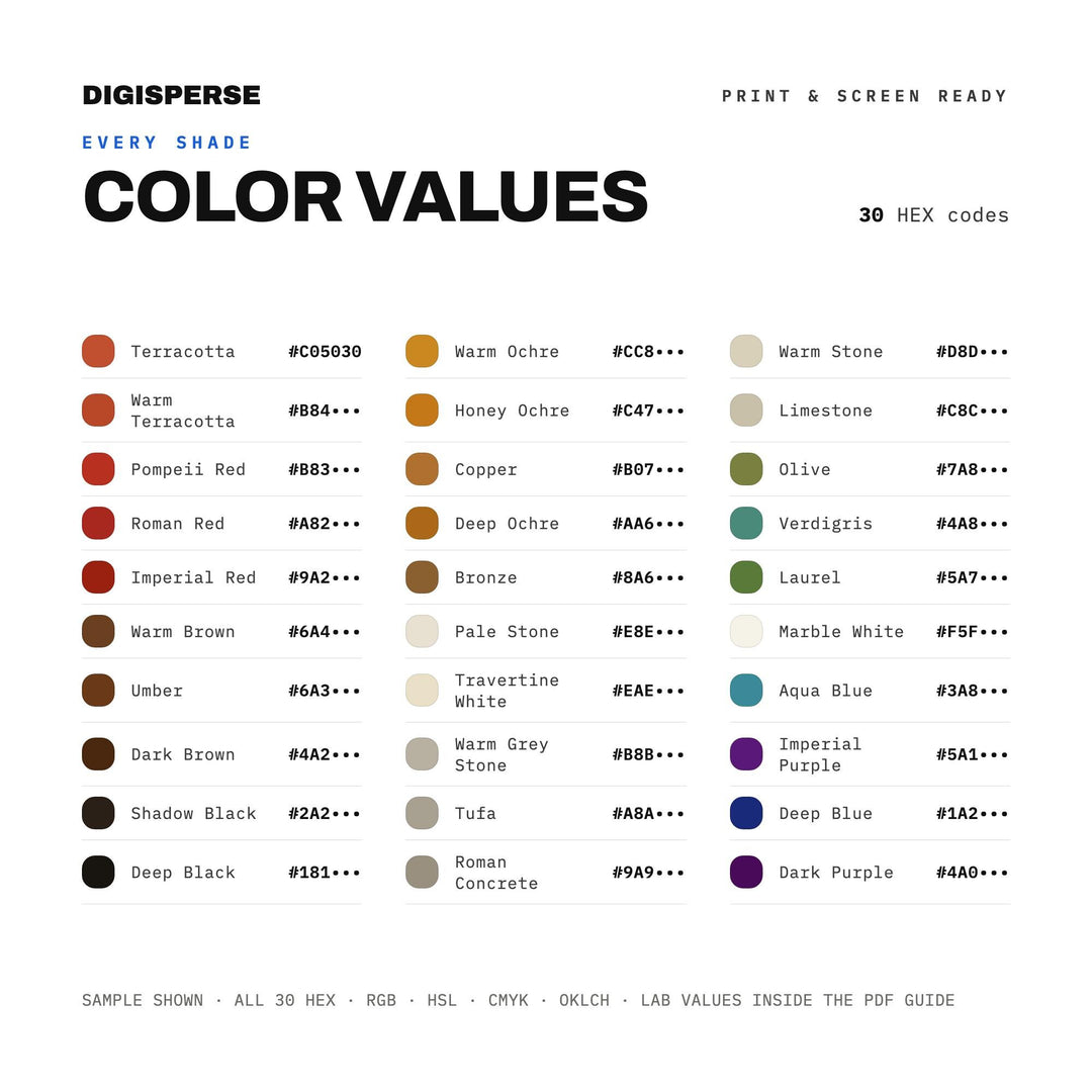Roman Aqueduct Color Palette | 30 Procreate Swatches, ASE Guide (Digital Download)