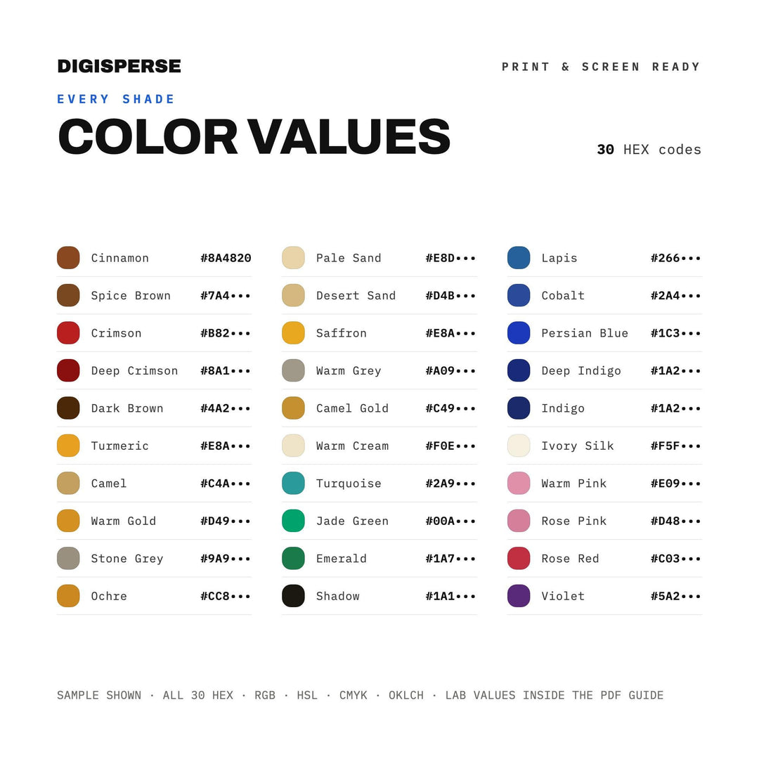 Silk Road Color Palette | 30 Colors | Hex RGB CMYK | Color Guide | Procreate Swatches + ASE | Digital Download