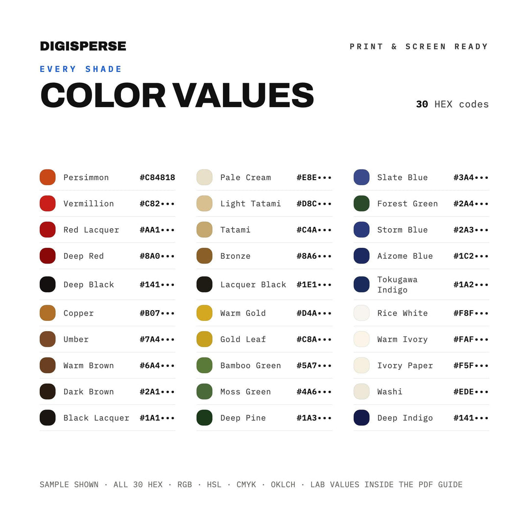 Tokugawa Japan Color Palette | 30 Procreate Swatches, HEX, RGB, CMYK (Digital Download)