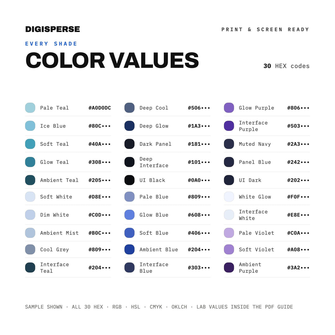 Calm Tech Color Palette for UI UX Design and Modern App Branding, 30 Ambient Interface Hues, Procreate Swatches, Hex Codes