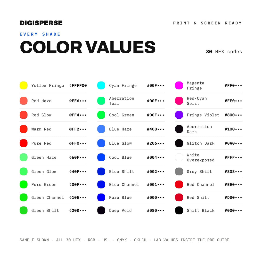 Neon Glitch Color Palette for Cyberpunk Art and Futuristic Gaming Design, 30 Chromatic Aberration Hues, Procreate Swatches, Hex Codes