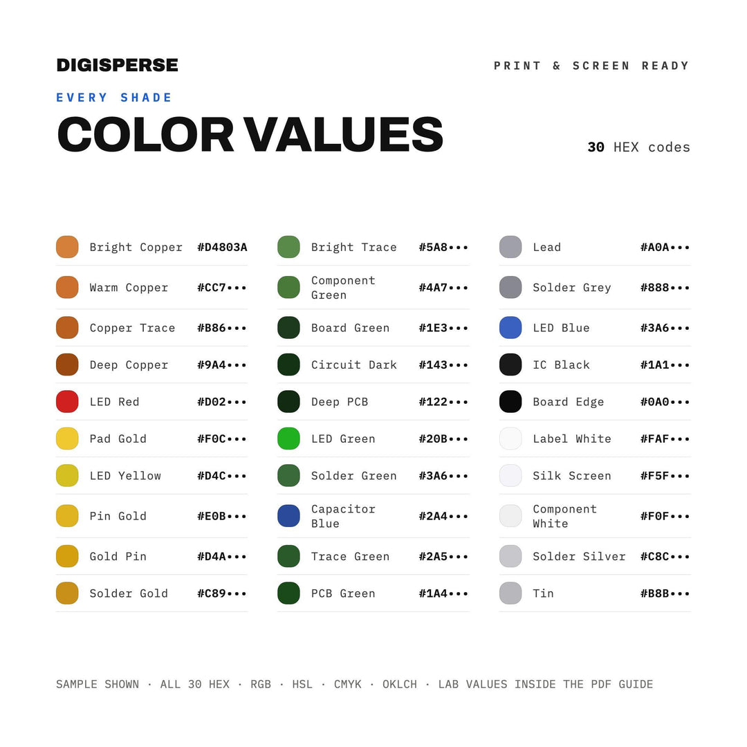 Circuit Board Color Palette | 30 Colors | Hex RGB CMYK | Color Guide | Procreate Swatches + ASE | Digital Download
