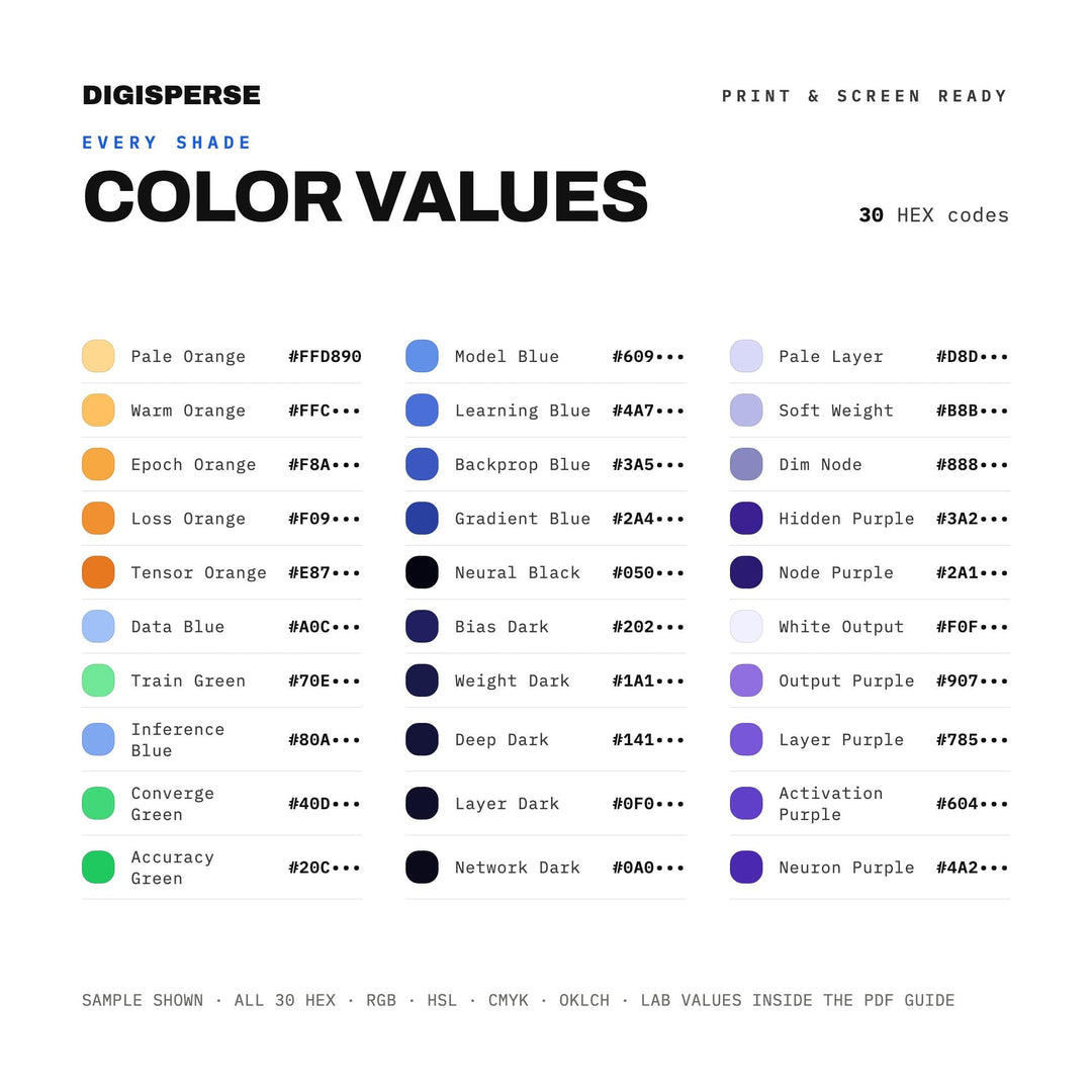 Deep Learning Color Palette | 30 Colors | Hex RGB CMYK | Color Guide | Procreate Swatches + ASE | Digital Download