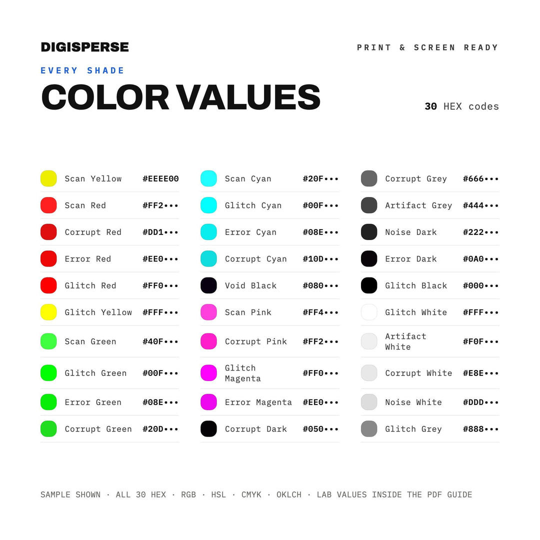 Digital Glitch Color Palette | 30 Colors | Hex RGB CMYK | Color Guide | Procreate Swatches + ASE | Digital Download
