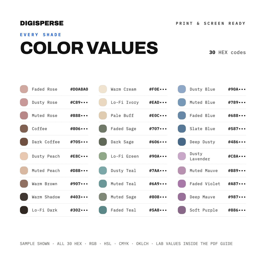 Lo-Fi Aesthetic Color Palette | 30 Colors | Hex RGB CMYK | Color Guide | Procreate Swatches + ASE | Digital Download