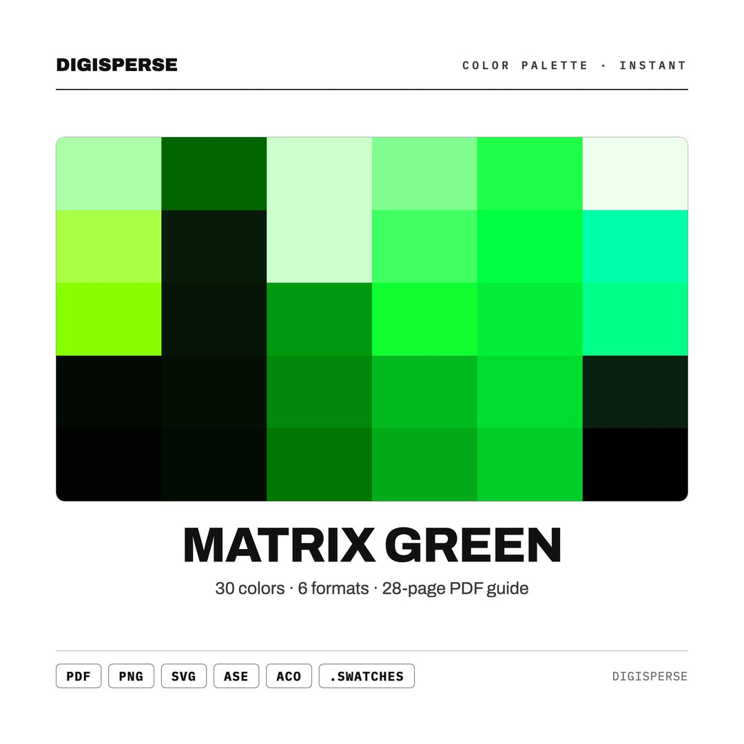 Matrix Green Color Palette | 30 Colors | Hex RGB CMYK | Color Guide | Procreate Swatches + ASE | Digital Download