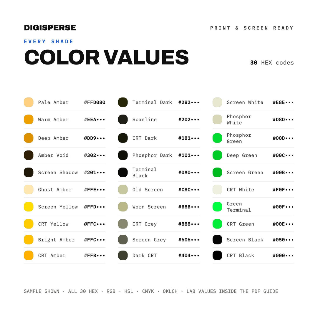 Retro Terminal Color Palette | 30 Procreate Swatches, HEX, RGB, CMYK (Digital Download)