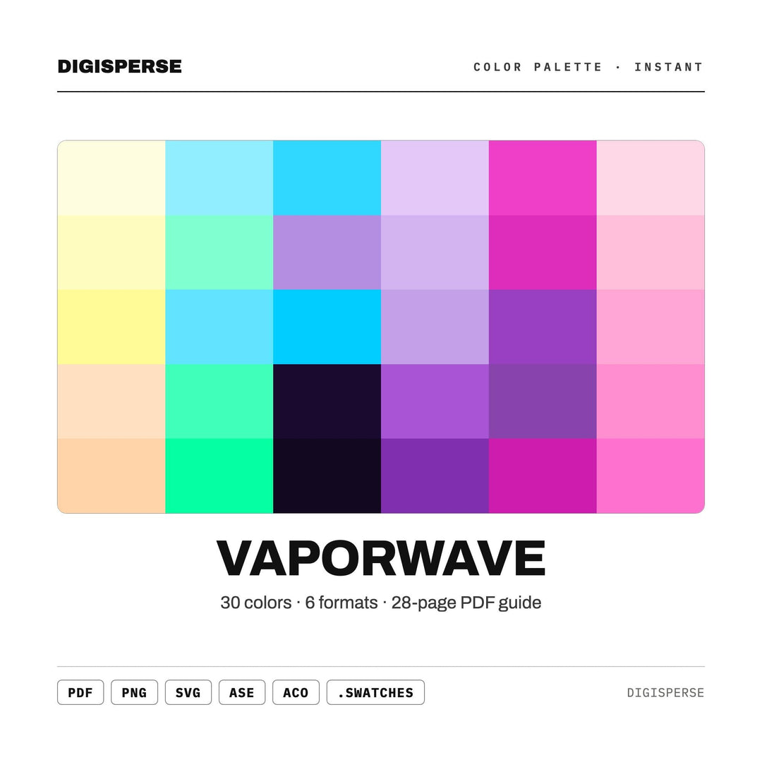 Pastel Retro Color Palette for 80s Aesthetic Art and Glitch Music Branding, 30 Vaporwave Neon Hues, Procreate Swatches, Hex Codes