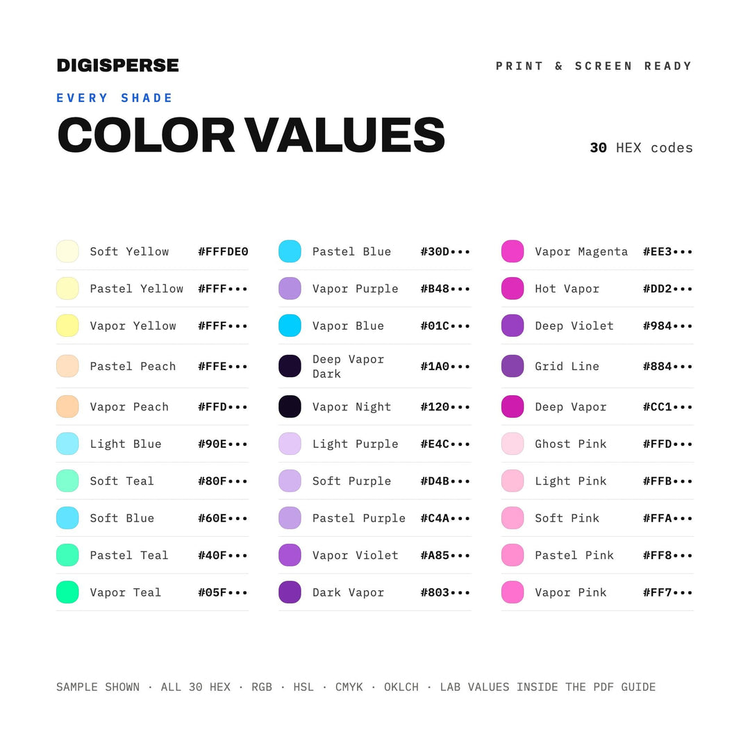 Pastel Retro Color Palette for 80s Aesthetic Art and Glitch Music Branding, 30 Vaporwave Neon Hues, Procreate Swatches, Hex Codes