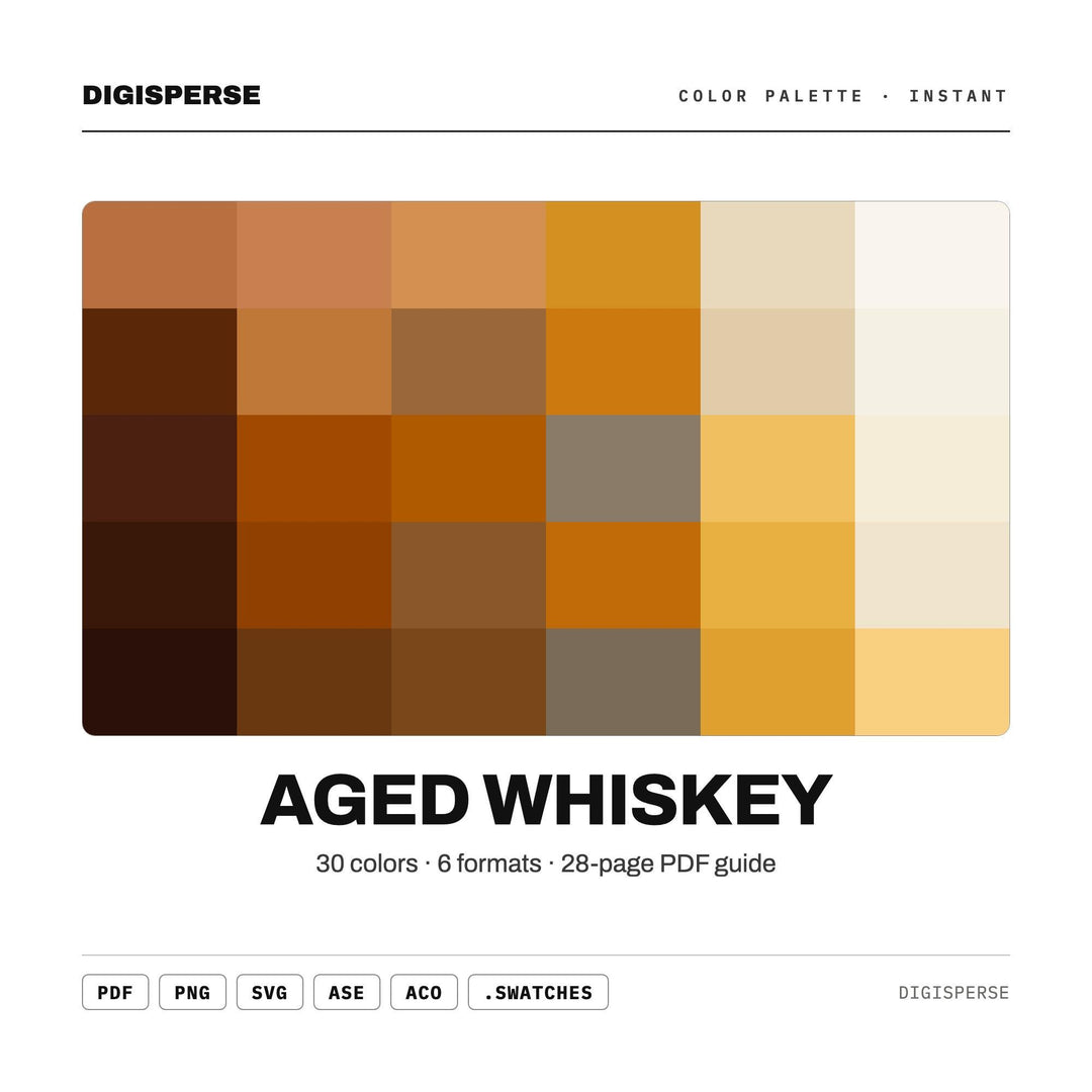 Aged Whiskey Color Palette | 30 Colors | Hex RGB CMYK | Color Guide | Procreate Swatches + ASE | Digital Download
