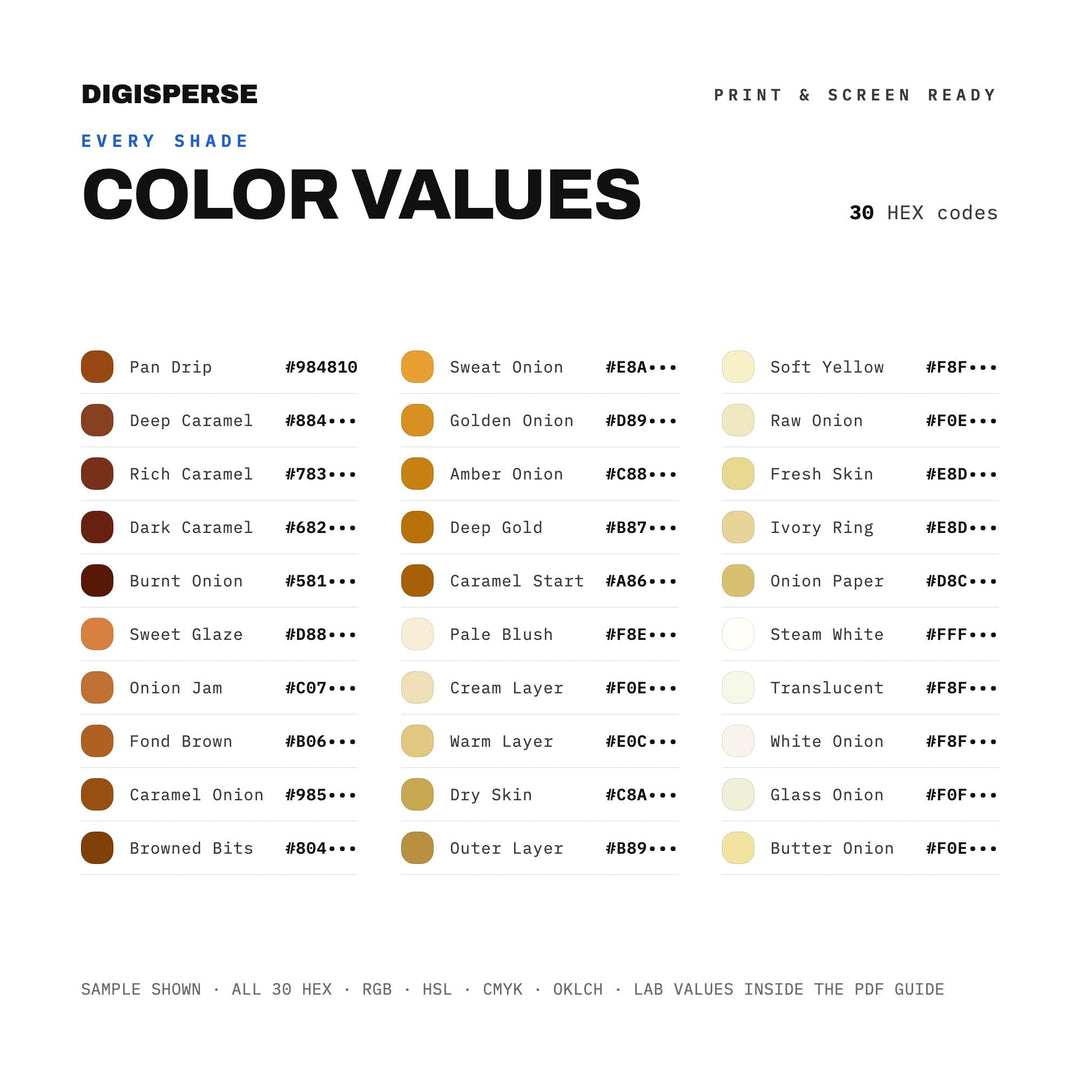 Caramelized Onion Color Palette | 30 Hex RGB CMYK Swatches (Digital Download)