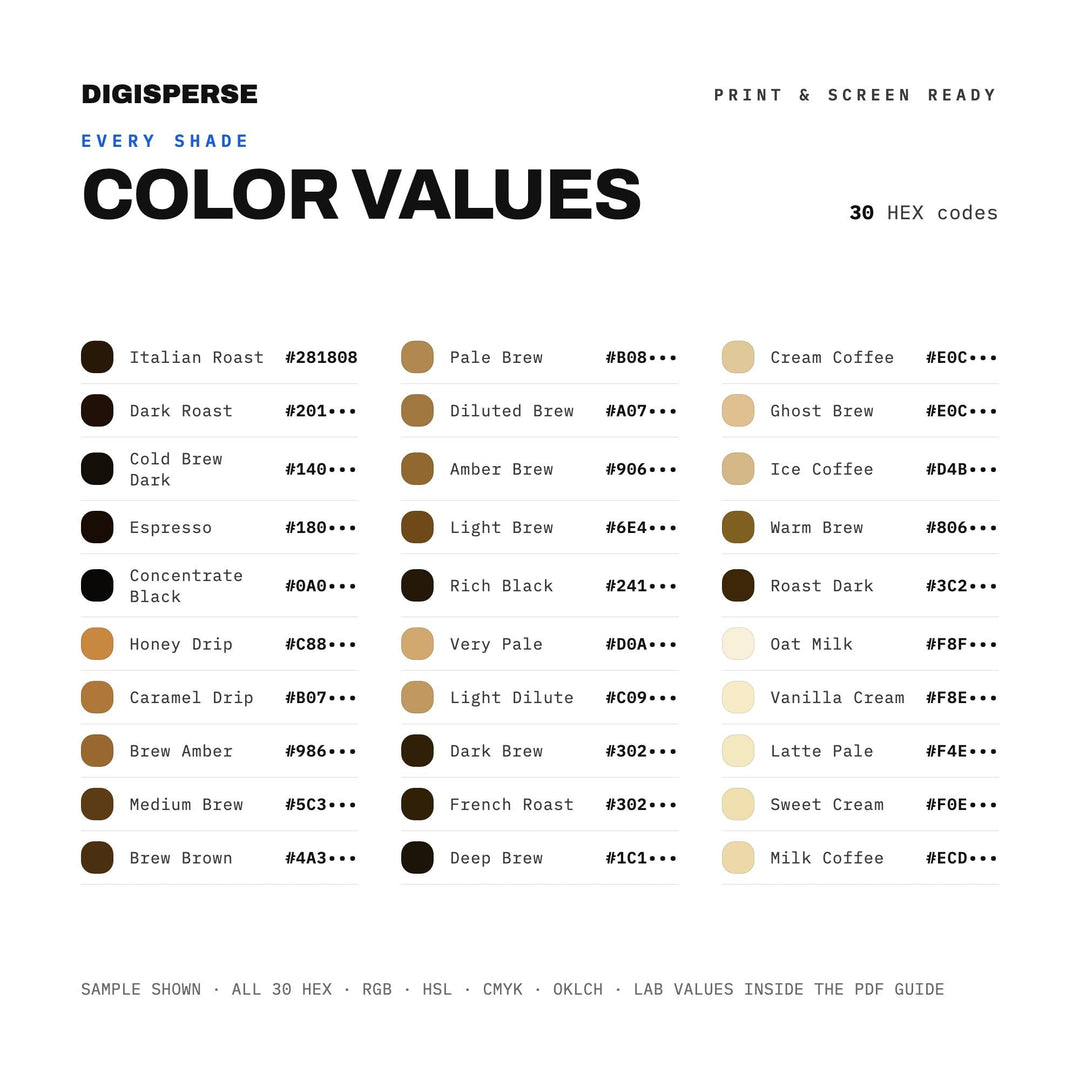 Cold Brew Color Palette | 30 Colors | Hex RGB CMYK | Color Guide | Procreate Swatches + ASE | Digital Download