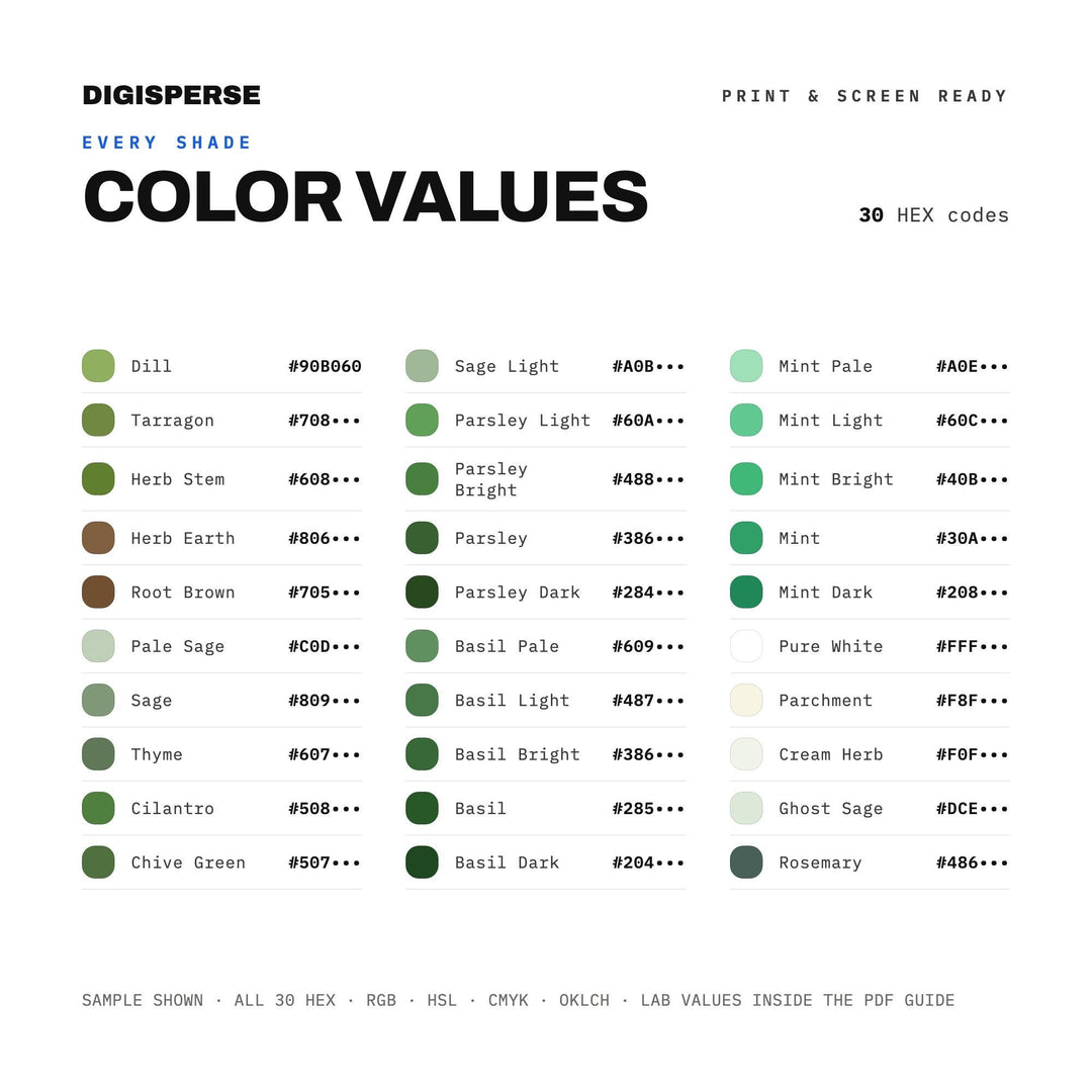 Fresh Herb Color Palette | 30 Procreate Swatches, ASE, PDF Guide (Digital Download)