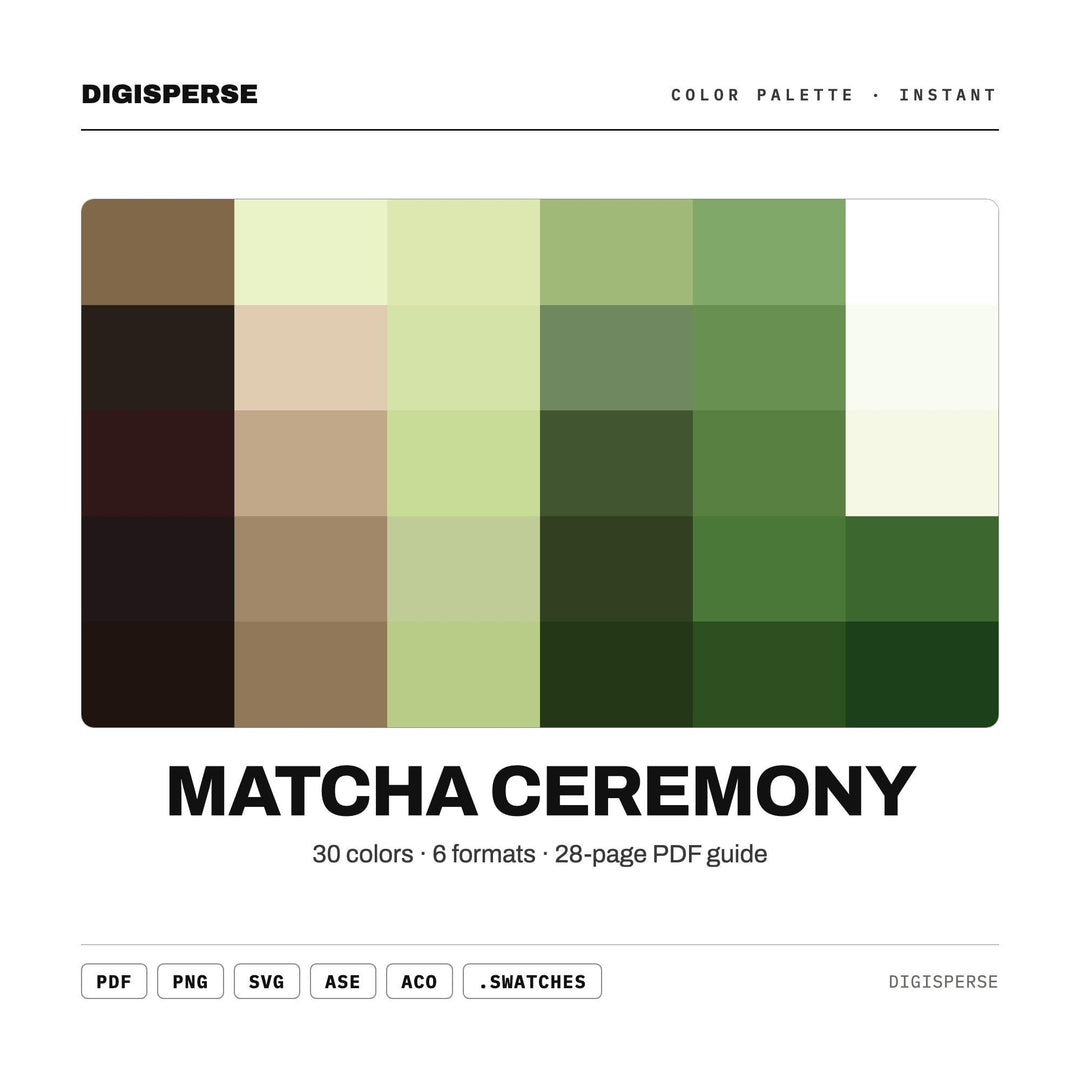 Matcha Ceremony Color Palette | 30 Rich Hues, HEX, RGB, CMYK (Digital Download)
