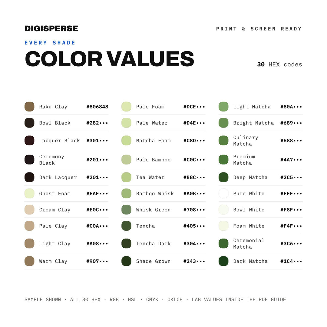 Matcha Ceremony Color Palette | 30 Rich Hues, HEX, RGB, CMYK (Digital Download)