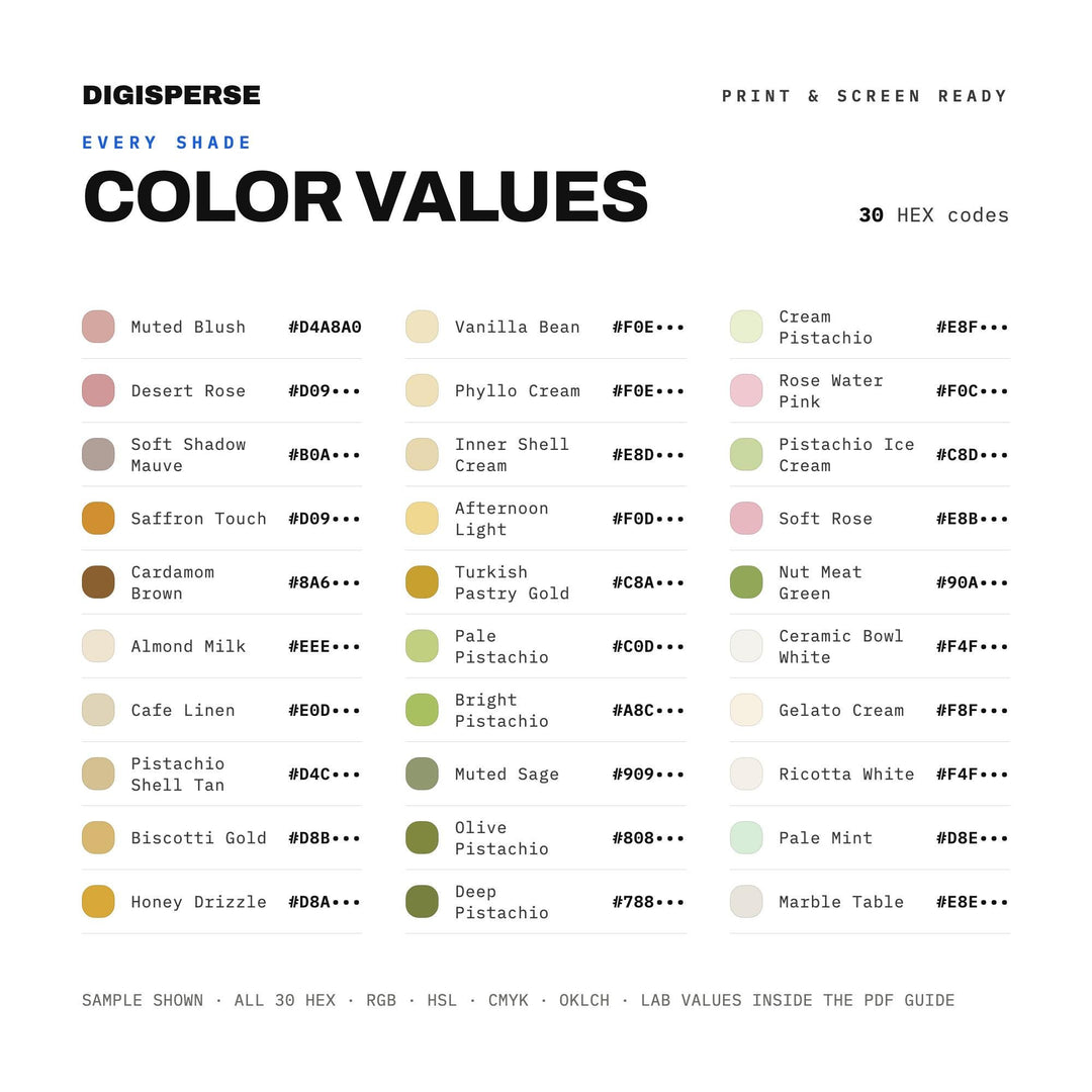 Pistachio Cream Color Palette | 30 Pastel Swatches (Digital Download)