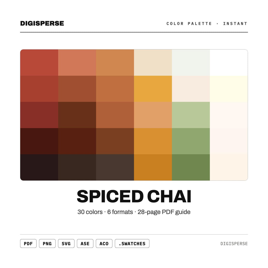 Spiced Chai Color Palette | 30 Colors | Hex RGB CMYK | Color Guide | Procreate Swatches + ASE | Digital Download