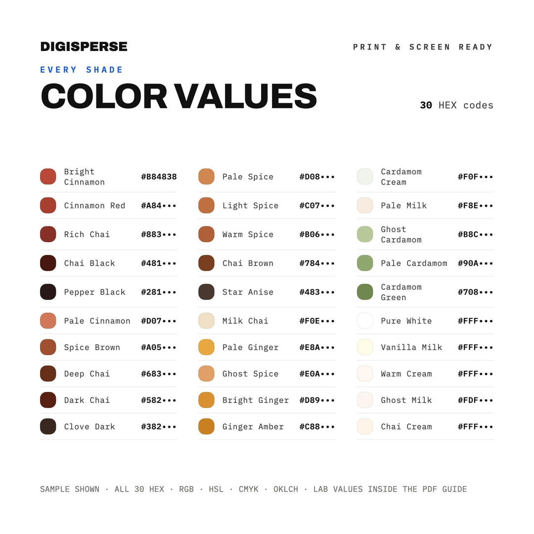 Spiced Chai Color Palette | 30 Colors | Hex RGB CMYK | Color Guide | Procreate Swatches + ASE | Digital Download