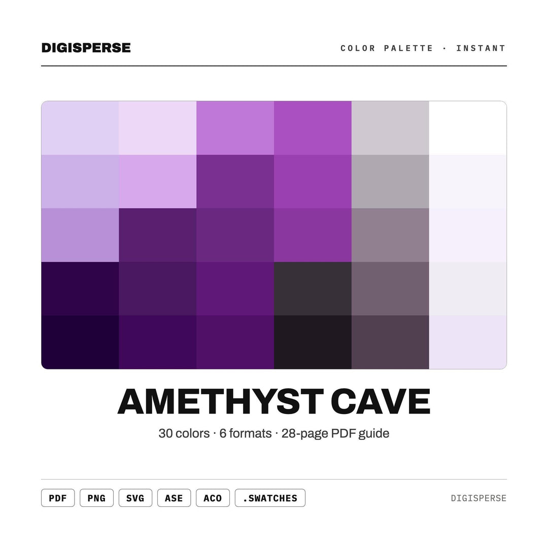 Amethyst Cave Color Palette | 30 Colors | Hex RGB CMYK | Color Guide | Procreate Swatches + ASE | Digital Download