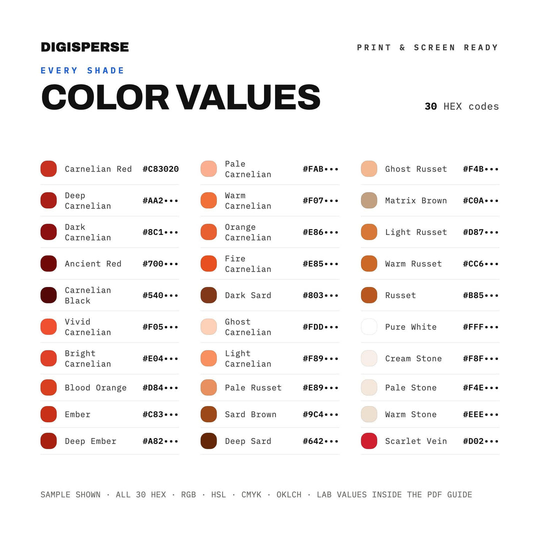Warm Amber Color Palette for Gemstone Art and Earthy Jewelry Branding, 30 Carnelian Red Hues, Procreate Swatches, Hex Codes