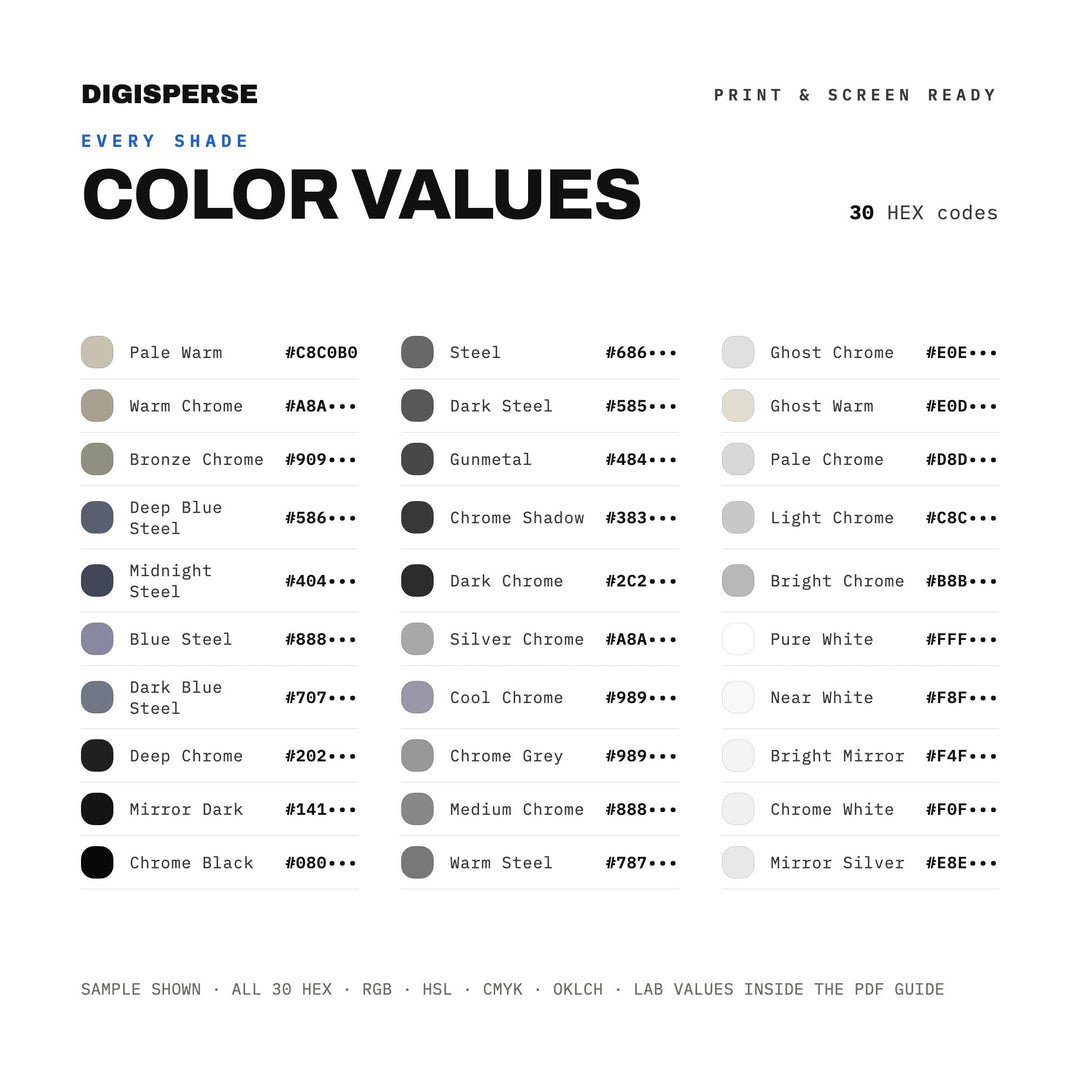 Liquid Metal Color Palette for Futuristic Y2K Art and Sleek Tech Branding, 30 Chrome Mirror Hues, Procreate Swatches, Hex Codes