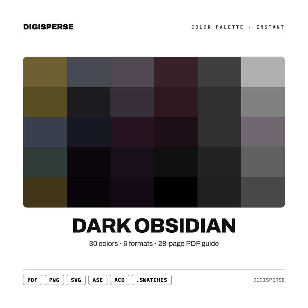 Dark Obsidian Color Palette | 30 Colors | Hex RGB CMYK | Color Guide | Procreate Swatches + ASE | Digital Download