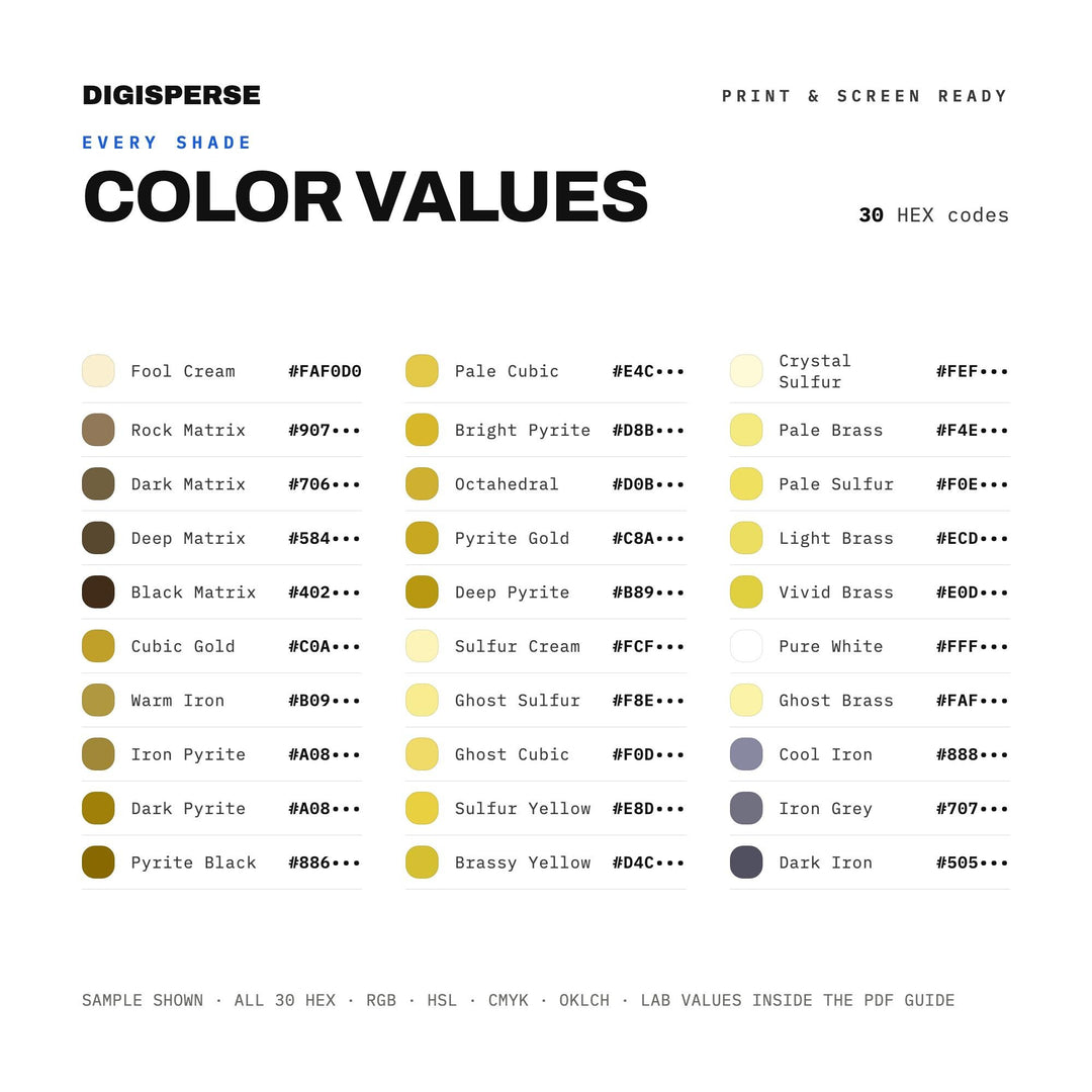 Fool's Gold Color Palette | 30 Colors | Hex RGB CMYK | Color Guide | Procreate Swatches + ASE | Digital Download