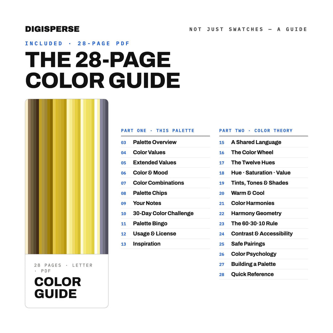 Fool's Gold Color Palette | 30 Colors | Hex RGB CMYK | Color Guide | Procreate Swatches + ASE | Digital Download