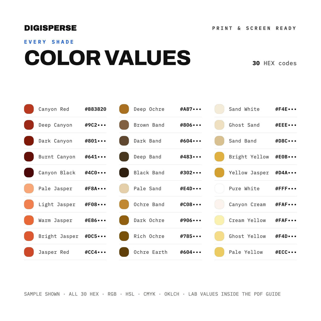 Jasper Canyon Color Palette | 30 Colors | Hex RGB CMYK | Color Guide | Procreate Swatches + ASE | Digital Download
