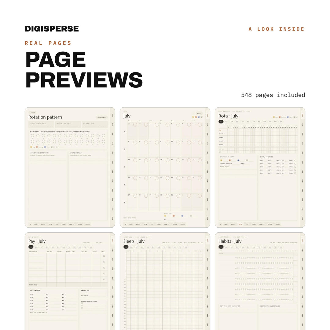 Shift Work Planner July 2026 - June 2027 | Warm Minimal Digital PDF, 548 Pages | Rotation, Pay + Sleep Trackers | 3 Week Starts Included