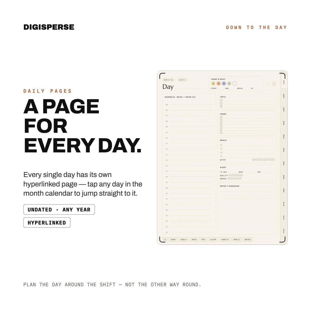 Undated Shift Work Planner | Warm Minimal Digital PDF, 548 Hyperlinked Pages | Rotation, Pay + Sleep Trackers | Reusable for Any Year