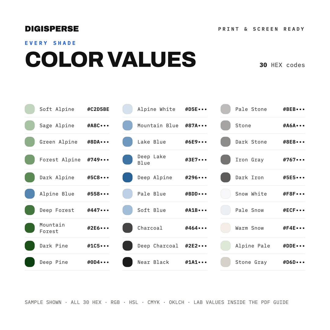 Mountain Pass Color Palette | 30 Colors | Hex RGB CMYK | Color Guide | Procreate Swatches + ASE | Digital Download