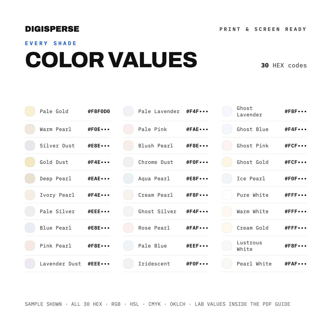 Pearl Dust Color Palette | 30 Colors | Hex RGB CMYK | Color Guide | Procreate Swatches + ASE | Digital Download