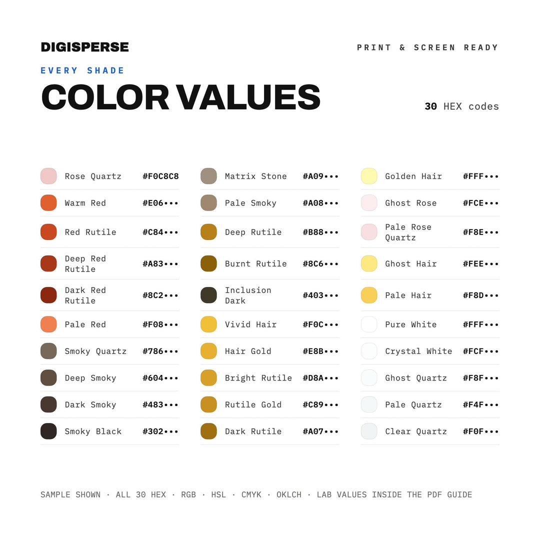 Rutile Quartz Color Palette | 30 Procreate Swatches, ASE, PDF Guide (Digital Download)