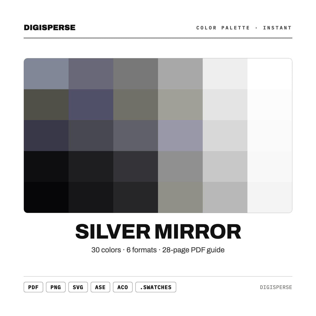 Silver Mirror Color Palette | 30 Colors | Hex RGB CMYK | Color Guide | Procreate Swatches + ASE | Digital Download