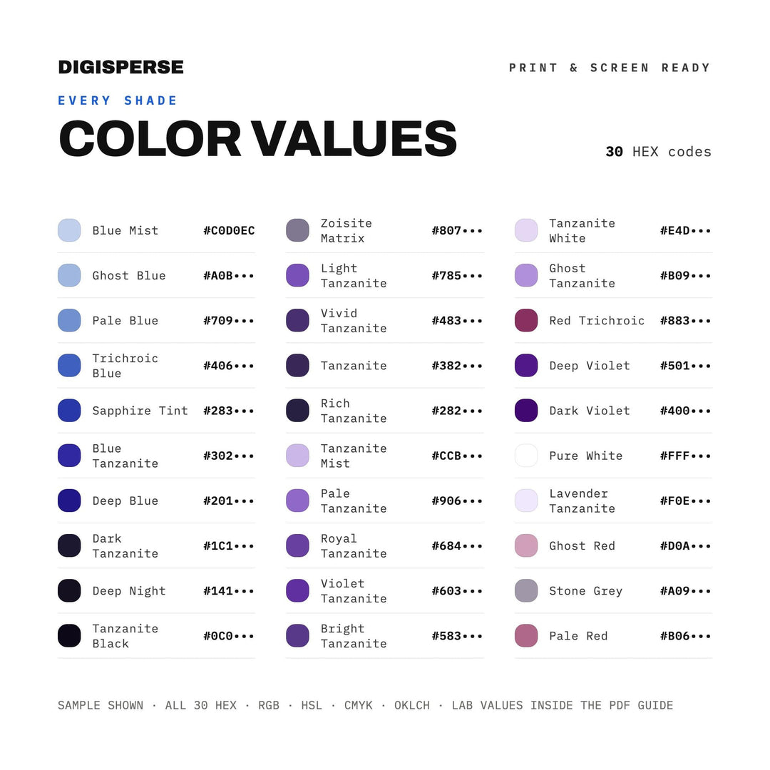 Deep Violet Color Palette for Luxury Gemstone Art and Elegant Jewelry Branding, 30 Tanzanite Blue Hues, Procreate Swatches, Hex Codes