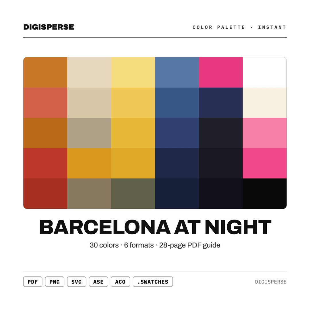 Barcelona At Night Color Palette | 30 Procreate Swatches, HEX, RGB, CMYK (Digital Download)