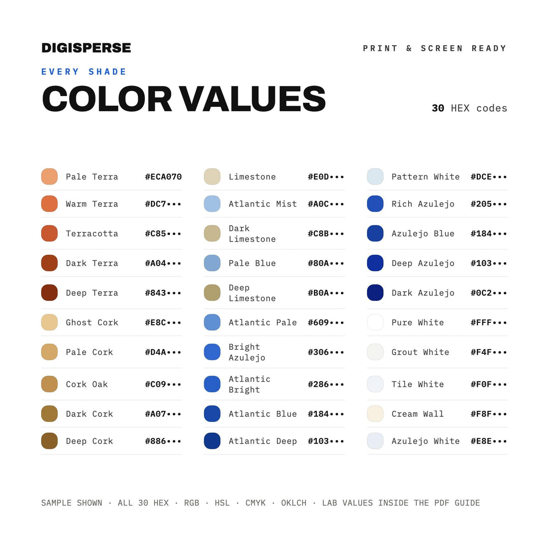 Coastal Portugal Color Palette | 30 Colors | Hex RGB CMYK | Color Guide | Procreate Swatches + ASE | Digital Download