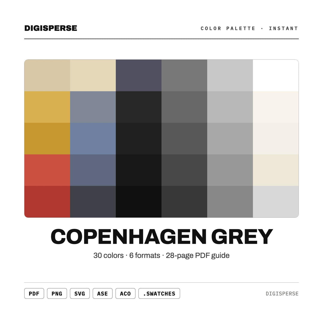 Copenhagen Grey Color Palette | 30 Colors | Hex RGB CMYK | Color Guide | Procreate Swatches + ASE | Digital Download