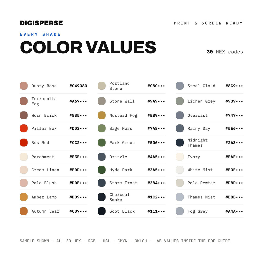 London Fog Color Palette | 30 Colors | Hex RGB CMYK | Color Guide | Procreate Swatches + ASE | Digital Download