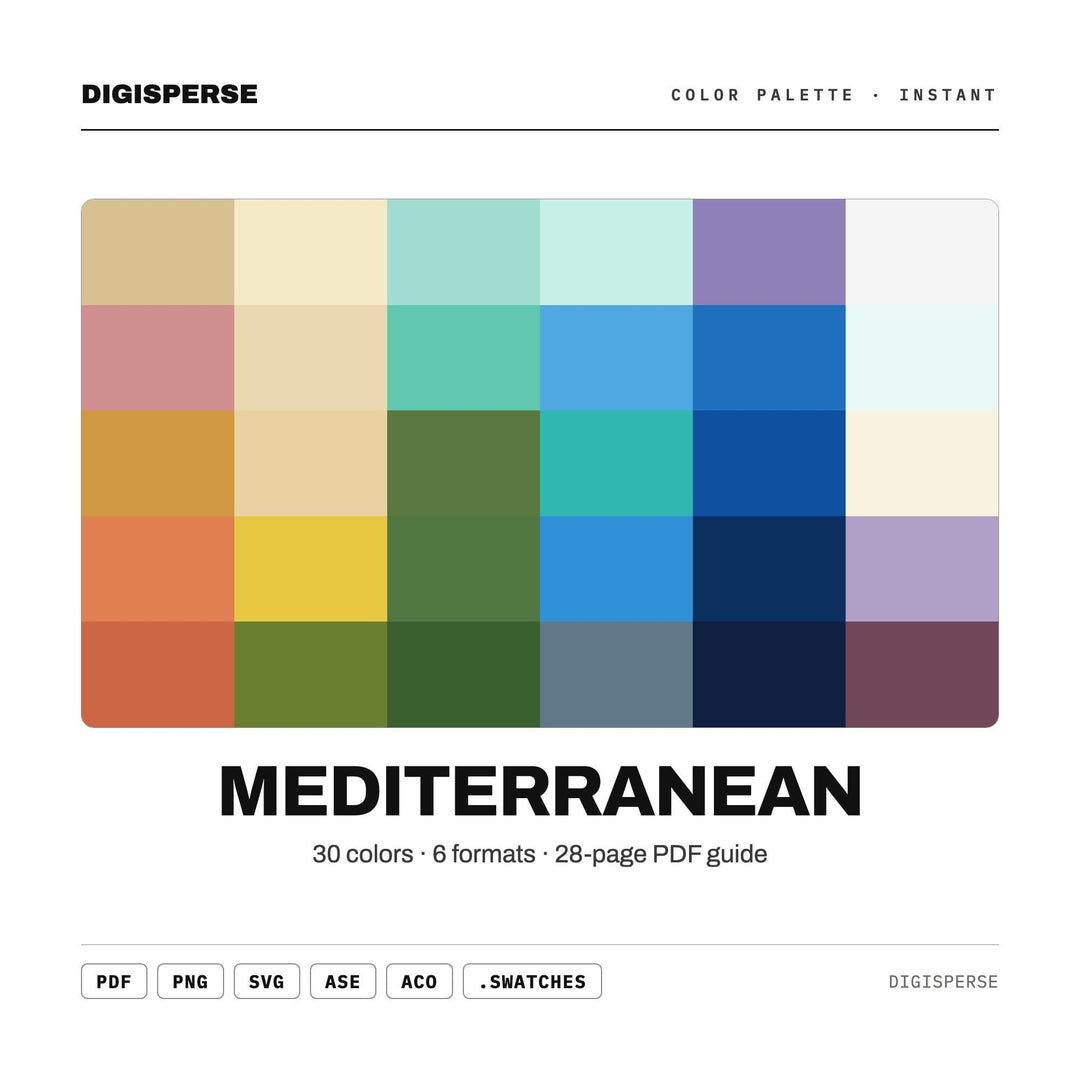 Mediterranean Color Palette | 30 Hex RGB CMYK Swatches (Digital Download)