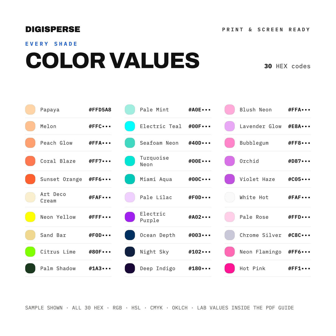 Miami Vice Color Palette | 30 Procreate Swatches, HEX, RGB, CMYK (Digital Download)