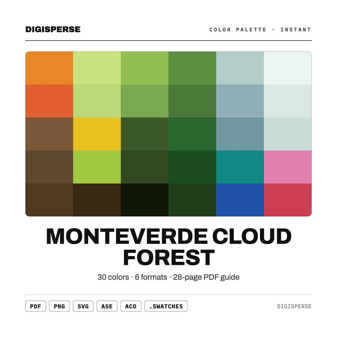 Monteverde Cloud Forest Color Palette | 30 Colors | Hex RGB CMYK | Color Guide | Procreate Swatches + ASE | Digital Download