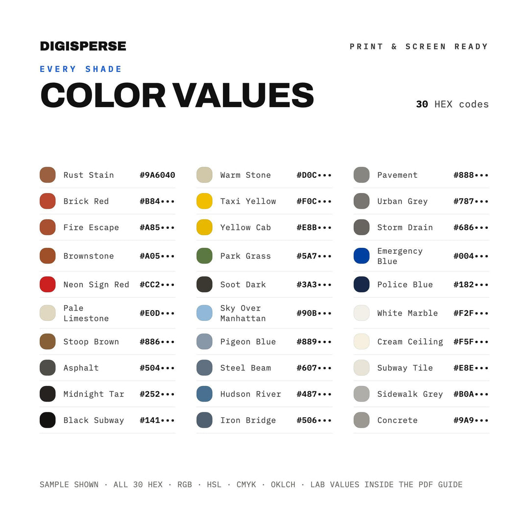 New York Concrete Color Palette | 30 Hex RGB CMYK Swatches (Digital Download)